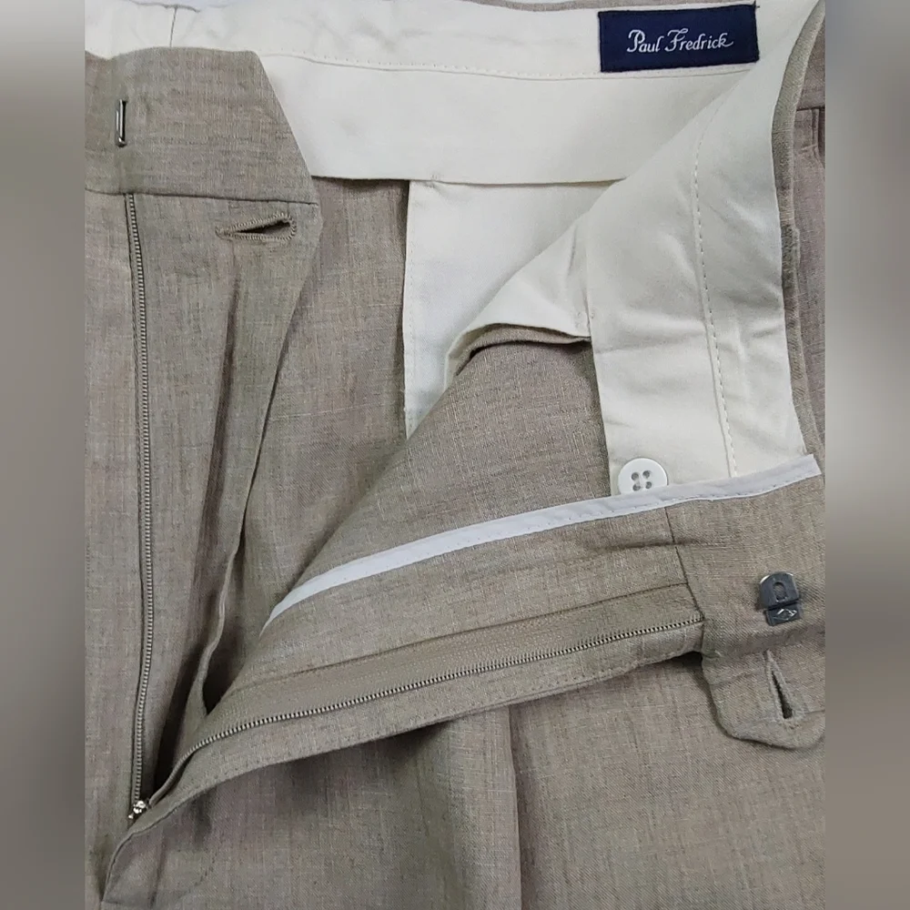 Paul Fredrick Dress Pants Mens Size 38x29 Beige Tan 100% Linen Pleated Cuffed